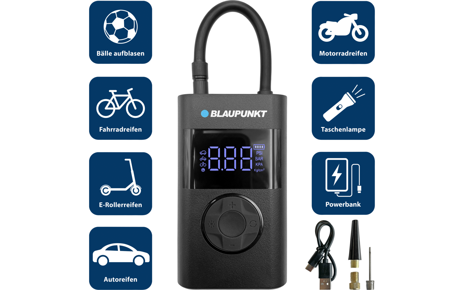  Blaupunkt Tragbare Akku-Luftpumpe TPM 124 Mit Powerbank-Funktion / Integrierter LED