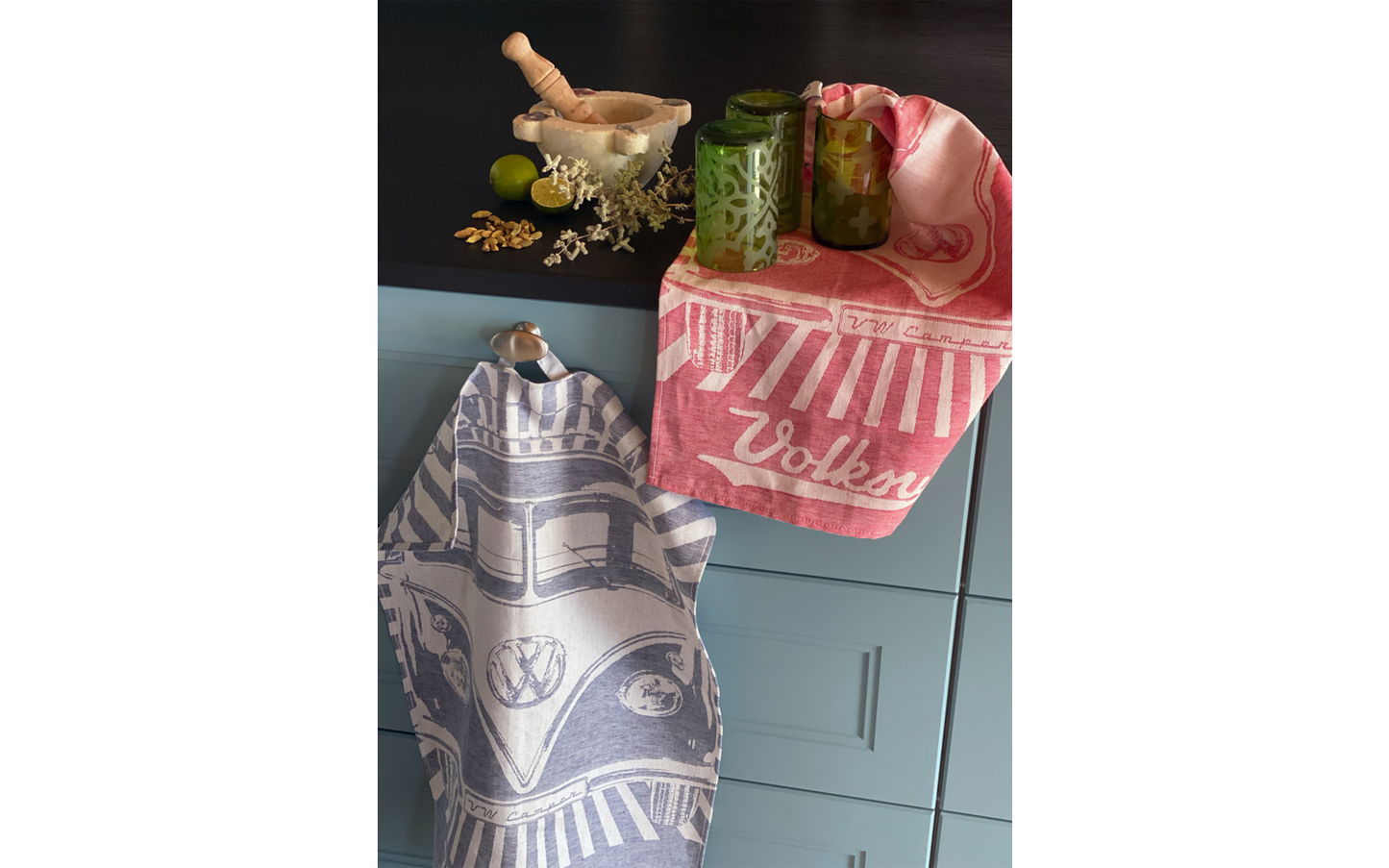  VW Collection T1 Bulli Geschirrtuch 2er Set Rot/Blau 70 X 50 Cm