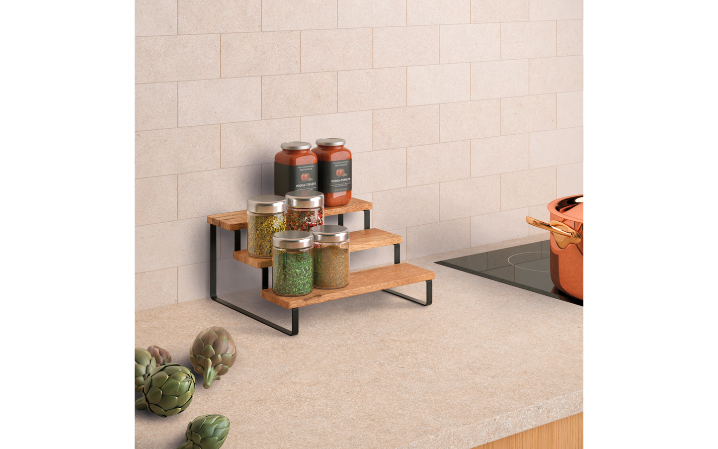  Metaltex York LAVA Gewürzregal 3 Stufen Treppen Design Aus Akazienholz 27 X 23 X 13 Cm
