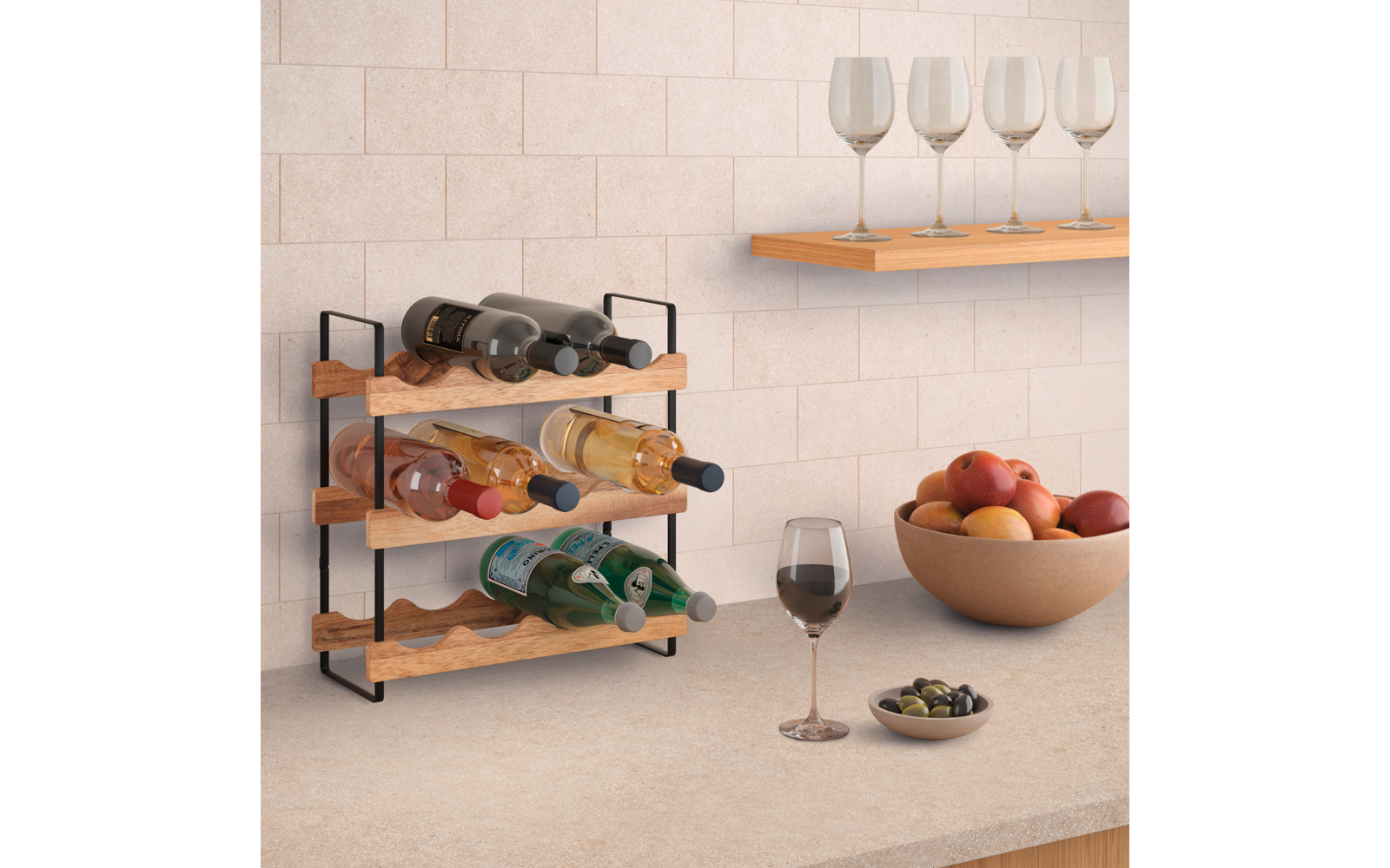  Metaltex York LAVA Flaschenregal 3-Etagen Aus Akazienholz 39 X 15 X 36 Cm